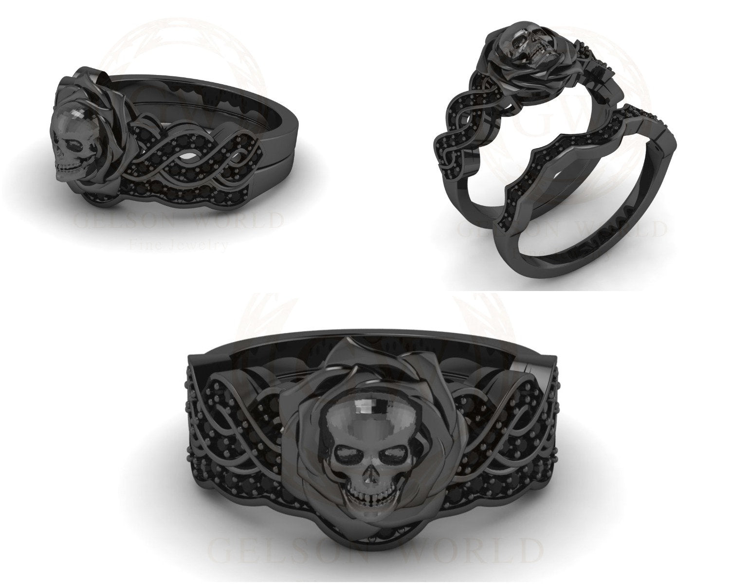 Gothic Skull Bridal Wedding Ring Sets, Moissanite Rose Floral Engagement Ring, Twisted Nature Inspired Set, Black Rhodium Plated Silver Ring