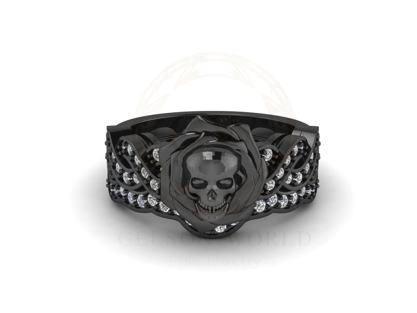 Skull Bridal Gothic Wedding Ring Sets, Rose Floral Engagement Ring, Criss Cross Nature Inspired Design, White Round CZ, Black Rhodium Plated