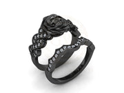 Skull Bridal Gothic Wedding Ring Sets, Rose Floral Engagement Ring, Criss Cross Nature Inspired Design, White Round CZ, Black Rhodium Plated