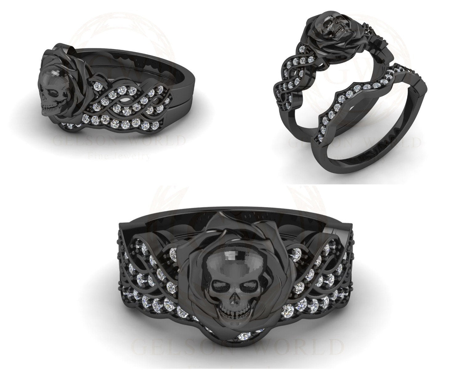 Skull Bridal Gothic Wedding Ring Sets, Rose Floral Engagement Ring, Criss Cross Nature Inspired Design, White Round CZ, Black Rhodium Plated
