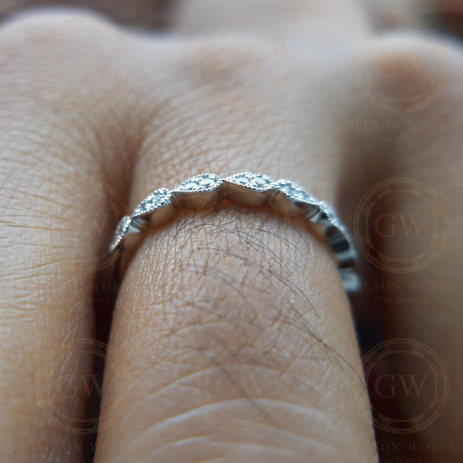 Vintage Wedding Band / Round Colorless Moissanite / Art Deco Band / Half Eternity Ring / Anniversary Band / Matching Band / Band For Her