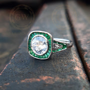 2.00 Ct Round Cut Art Deco Halo Engagement Ring, Green Baguette Vintage Ring, Wedding Ring, Anniversary Ring for women