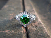 1.70 Ct Round Cut Green Emerald Vintage Engagement Ring, Emerald Gemstone Art Deco Halo Ring for women, Anniversary Silver Estate Ring