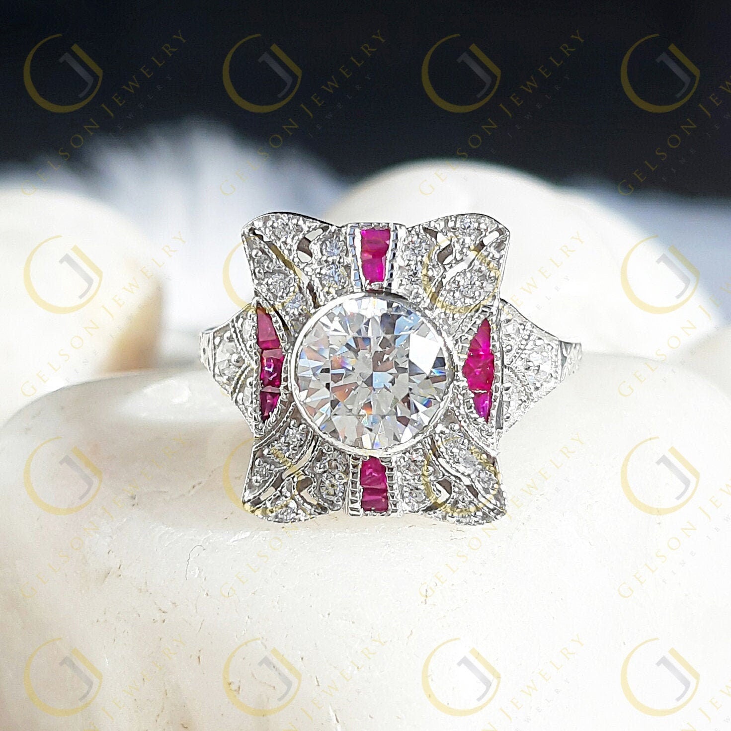 Edwardian Style Dinner Ring vintage reproduction 2.15 Ct Round Cut Near White Moissanite & Baguette Ruby ring antique vintage Style Ring