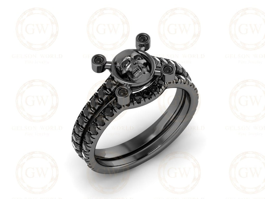 Gothic Skull Engagement Wedding Ring Set, 2.90 Ct Round Cut CZ Diamond, Half Eternity Wedding Band, Matching Band, Bridal Ring Set for Women
