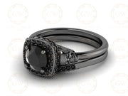 Gothic Skull Halo Engagement Wedding Ring Set, 1.20 Ct Round Cut CZ Diamond, Eternity Matching Band, Two Skull Bridal Ring Set for Women