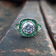 2.00 Ct Round Cut Art Deco Halo Engagement Ring, Green Baguette Vintage Ring, Wedding Ring, Anniversary Ring for women