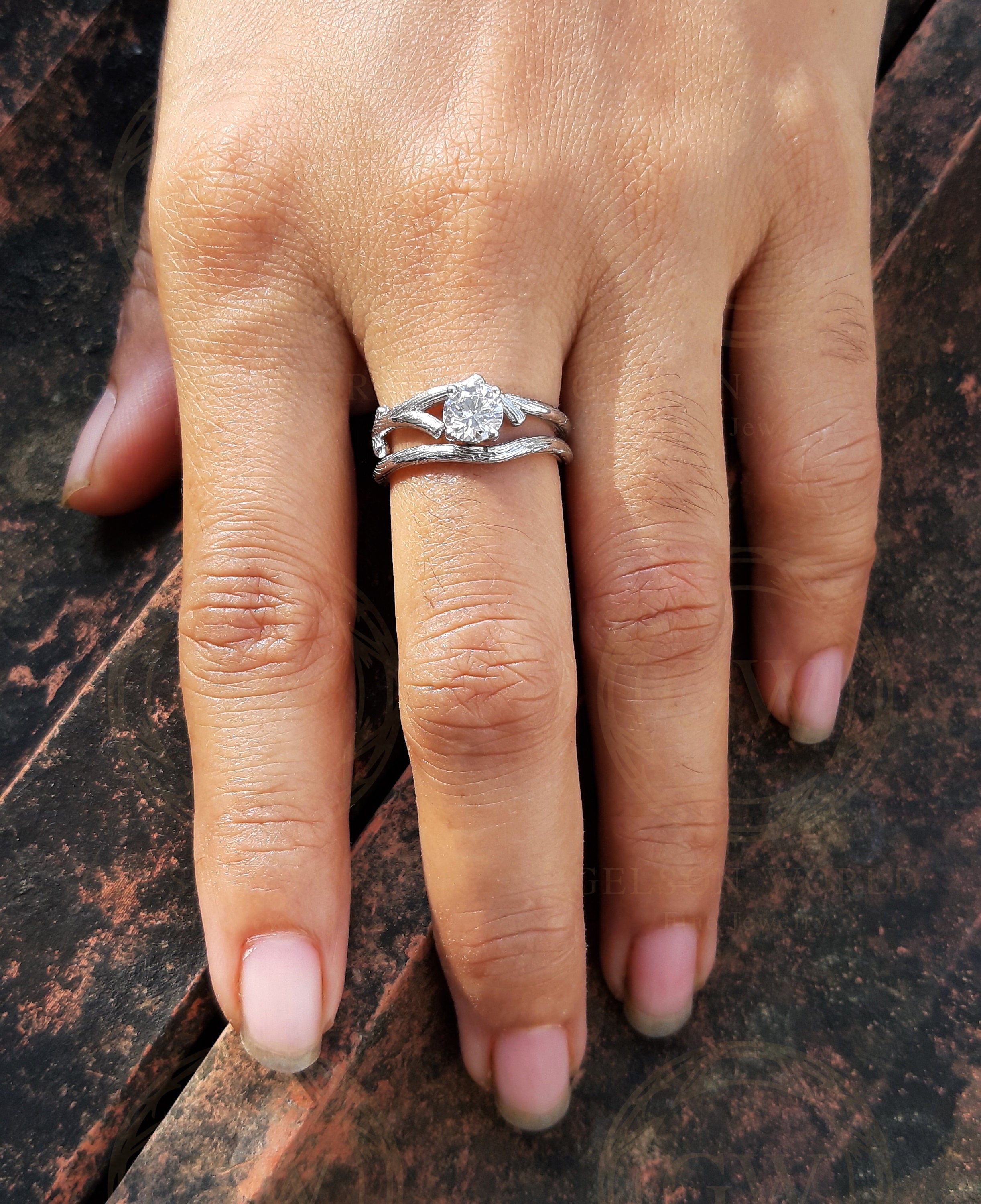 0.85 Ct Round Cut Twig Solitaire Engagement Wedding Ring Set, Matching band, Moissanite Ring, Silver Ring Set, Nature Inspired Ring Set
