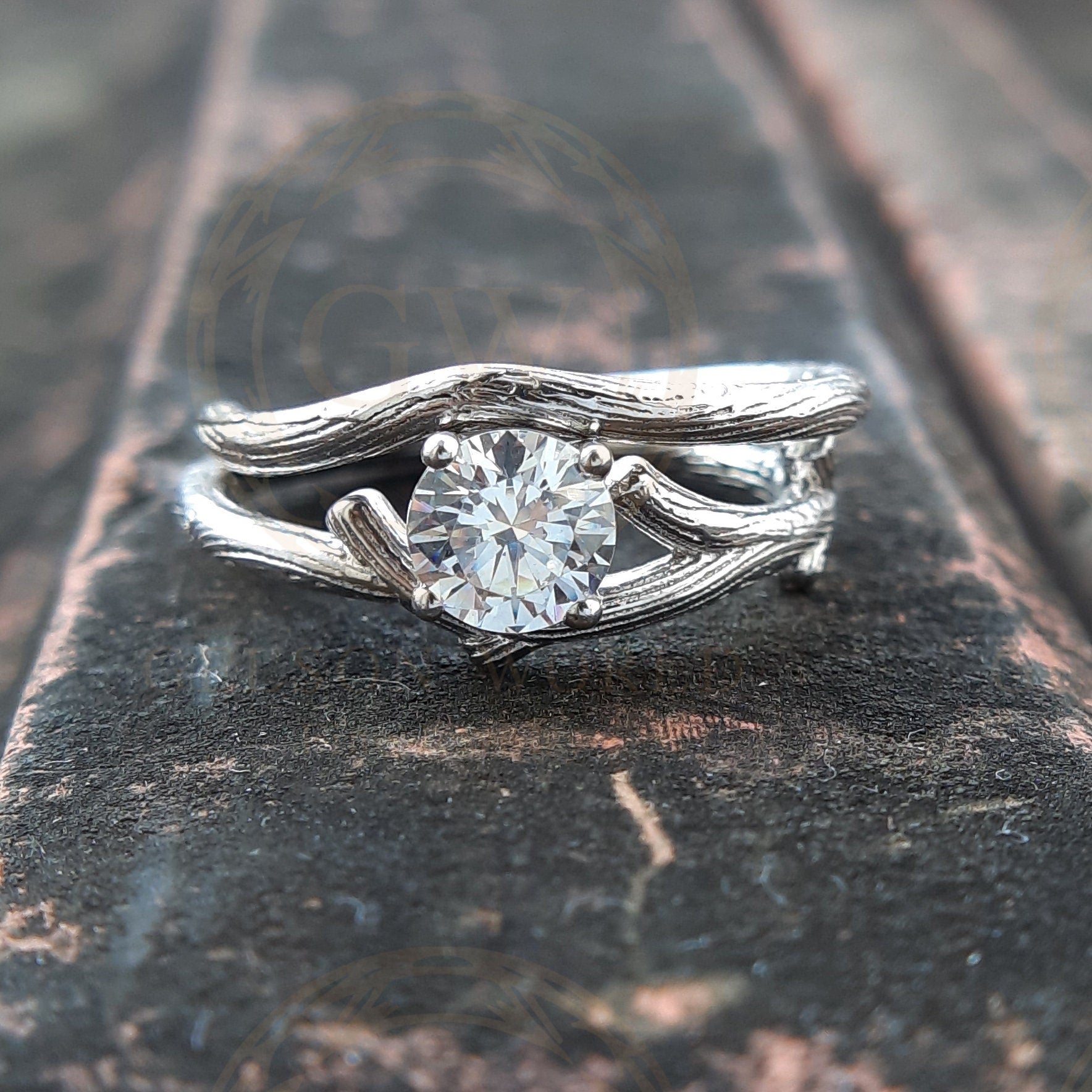 0.85 Ct Round Cut Twig Solitaire Engagement Wedding Ring Set, Matching band, Moissanite Ring, Silver Ring Set, Nature Inspired Ring Set