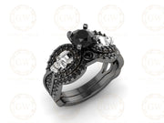 Gothic Skull Engagement Ring Set, 1.15 Ct Round Cut Black CZ Diamond, Wedding Bridal Set, Black Face Skull Ring For Women, Stacking Band