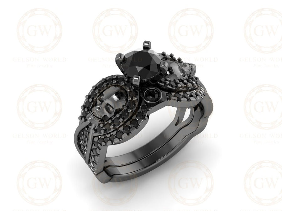 Gothic Skull Engagement Ring Set, 1.15 Ct Round Cut Black CZ Diamond, Wedding Bridal Set, Black Face Skull Ring For Women, Stacking Band