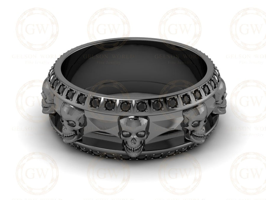 8 mm Wide Unique Men's Gothic Skull Wedding Band, Punk Style Biker Ring, Black Moissanite Diamond Silver Ring Anniversary Ring Eternity Band