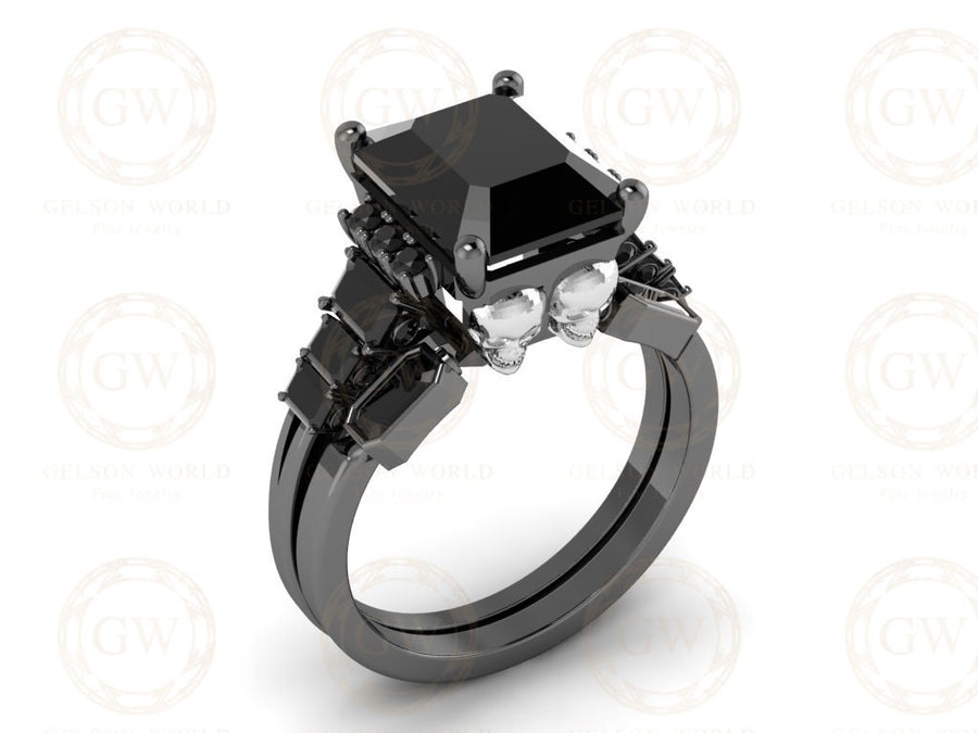 5.30 Ct Gothic Skull Bridal Wedding Ring Set, Emerald Cut Black CZ Diamond, Unique Skull Engagement ring set, Stacking Matching Band for Her