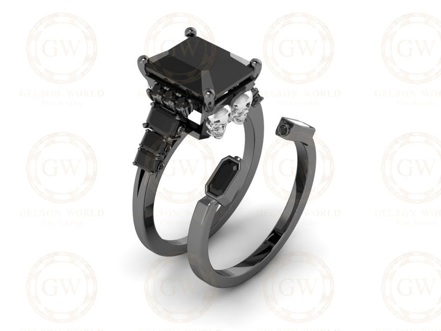 5.30 Ct Gothic Skull Bridal Wedding Ring Set, Emerald Cut Black CZ Diamond, Unique Skull Engagement ring set, Stacking Matching Band for Her