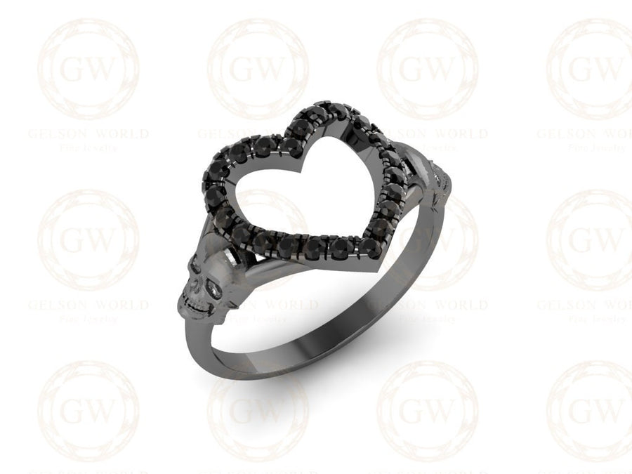 Open heart ring, Hollow heart shape ring, Gothic Skull Women Ring, Two Skull bride wedding engagement promise ring for women, 925 Silver