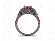 Halo Gothic Skull Engagement Ring, Two skull rings, Gemstone Ring, July Birthstone Ring For Her, Black Skull Sterling Silver Ring, Halloween