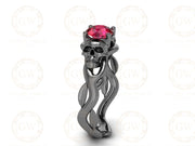 Solitaire Engagement Ring, Skull Women Ring, Nature Inspired Design, Ruby Birthstone Ring, Two skull Gothic Wedding ring, Sterling Silver