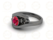 Solitaire Engagement Ring, Two Skull Ring, Gothic Women Ring, Ruby Birthstone Ring, Gemstone Wedding Ring, Promise Ring for Her, Black Skull
