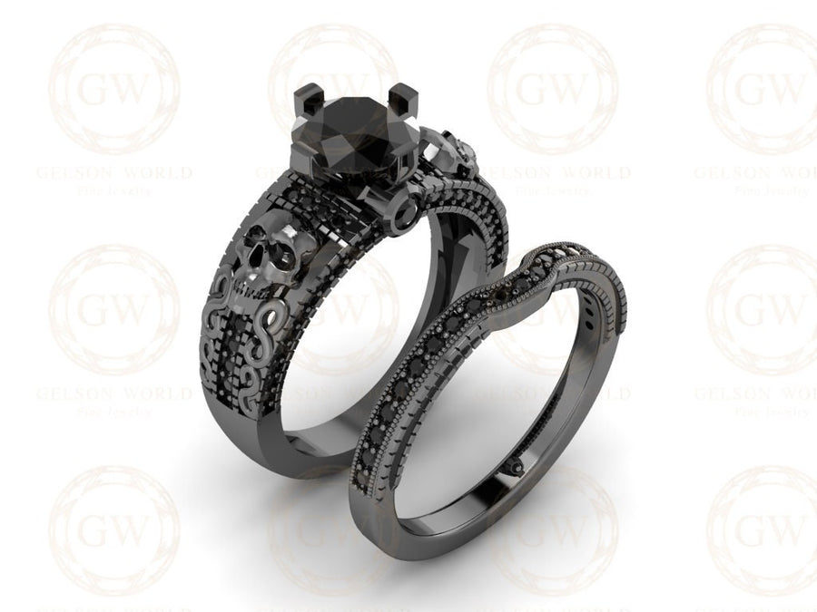 1.75 Ct Gothic Skull Bridal Wedding Ring Set, Round Black Diamond, Unique Skull Vintage Engagement ring set, Stacking Matching Band for Her