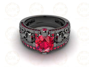 1.75 Ct Gothic Skull Bridal Wedding Ring Set, Unique Ruby July Birthstone Vintage Engagement ring set, Matching Band for her, Black Skull