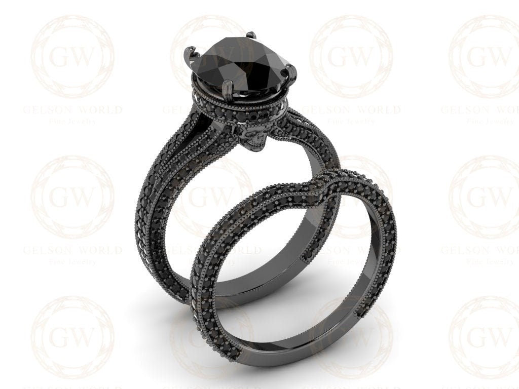 4.15 Ct Gothic Skull Bridal Vintage Wedding Ring Set, Unique Skull milgrain Oval Engagement ring set, Stacking Matching Band for Her