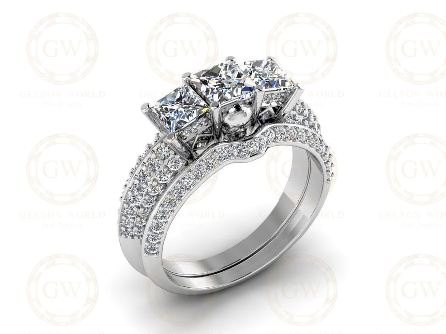 2.20 Ct Gothic Skull Bridal Wedding Ring Set, Unique Skull Princess Diamond Knife Edge 3 Stone Engagement ring set, Stacking Matching Band
