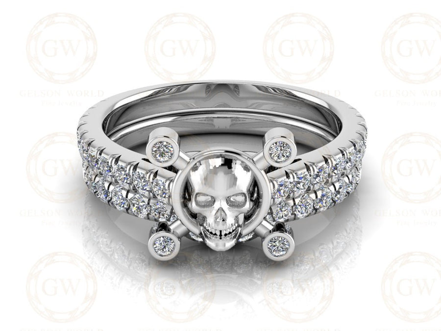 Gothic Skull Engagement Wedding Ring Set, 2.90 Ct Round Cut CZ Diamond, Half Eternity Wedding Band, Matching Band, Bridal Ring Set for Women