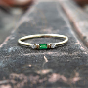 Silver and Gold Green Emerald Baguette Ring / 3 Stone Wedding Band Ring / Diamond Wedding Ring / Dainty Minimalist Ring / Stackable Ring For Women