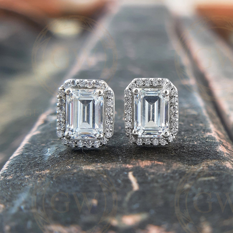 2.25 Ct Emerald Cut Earrings, Halo Stud Earrings, Wedding Earrings, Emerald Stud Earrings, bridesmaids earring, Bridal Earrings For Women