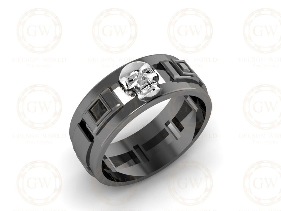 7.50 mm Wide Personalized Unique Men's Gothic Skull Wedding Band, Punk Style Biker Ring, Black CZ Diamond Sterling silver, Promise Band Him