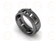 7.50 mm Wide Personalized Unique Men's Gothic Skull Wedding Band, Punk Style Biker Ring, Black CZ Diamond Sterling silver, Promise Band Him