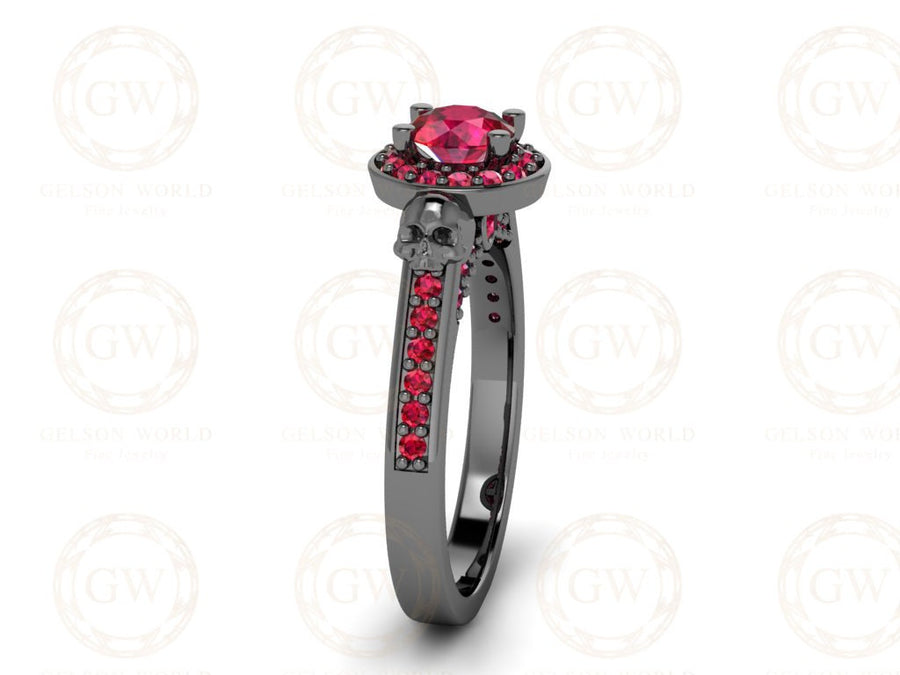 Halo Engagement Ring, Gothic Women Ring, Skull ring for Her, Two skull rings, Ruby Birthstone Wedding Ring, Halloween Promise Ring Gift