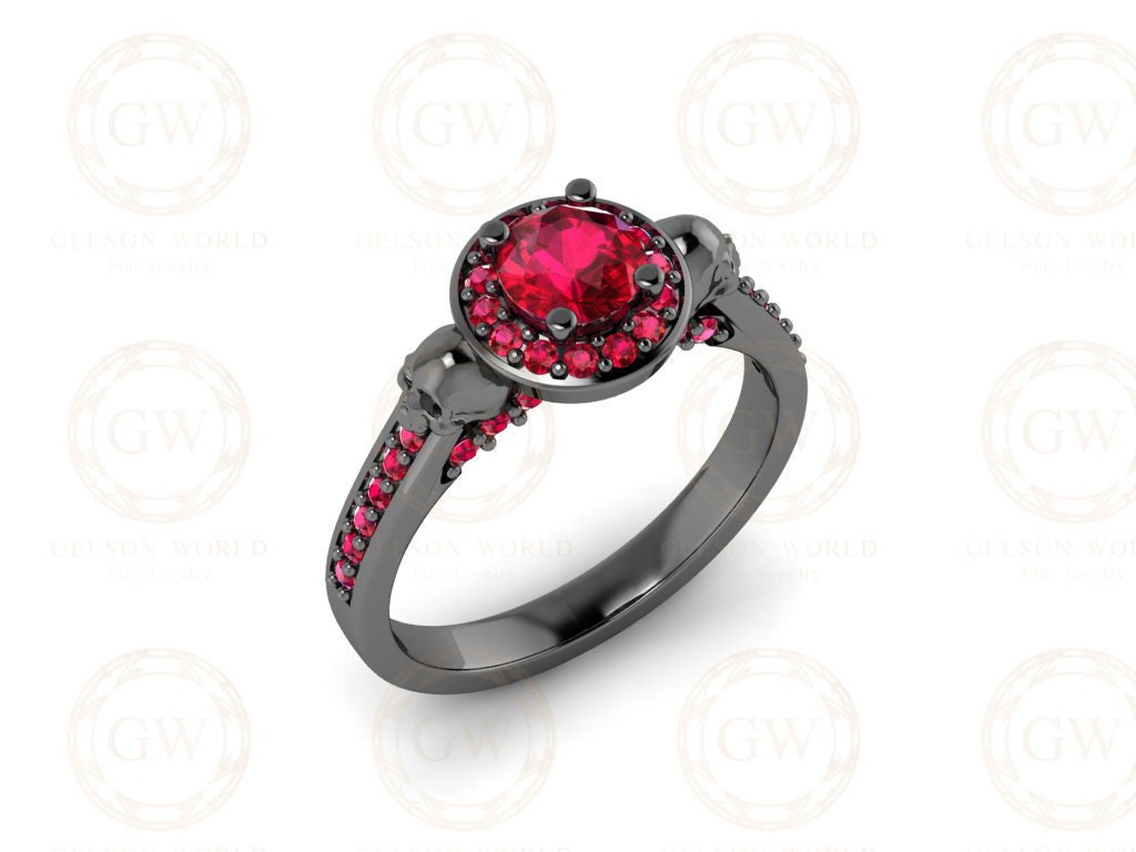 Halo Engagement Ring, Gothic Women Ring, Skull ring for Her, Two skull rings, Ruby Birthstone Wedding Ring, Halloween Promise Ring Gift