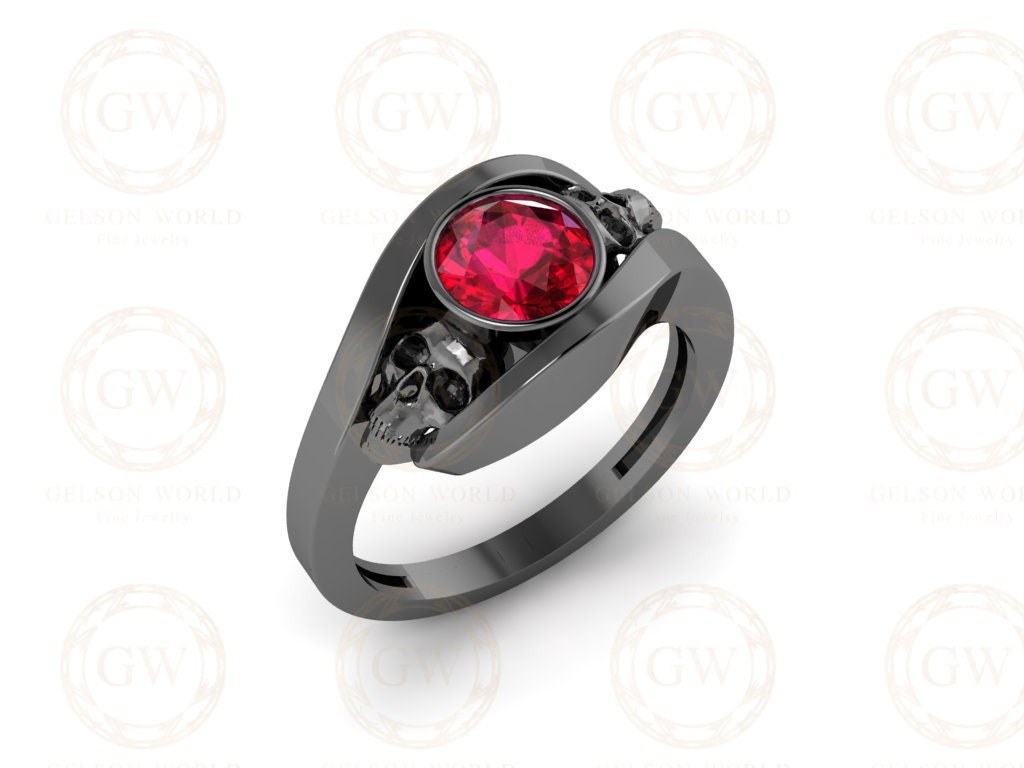 Solitaire Engagement Ring, Two Skull Ring, Gothic Women Ring, Ruby Birthstone Ring, Gemstone Wedding Ring, Promise Ring for Her, Black Skull