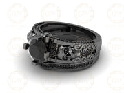 1.75 Ct Gothic Skull Bridal Wedding Ring Set, Round Black Diamond, Unique Skull Vintage Engagement ring set, Stacking Matching Band for Her