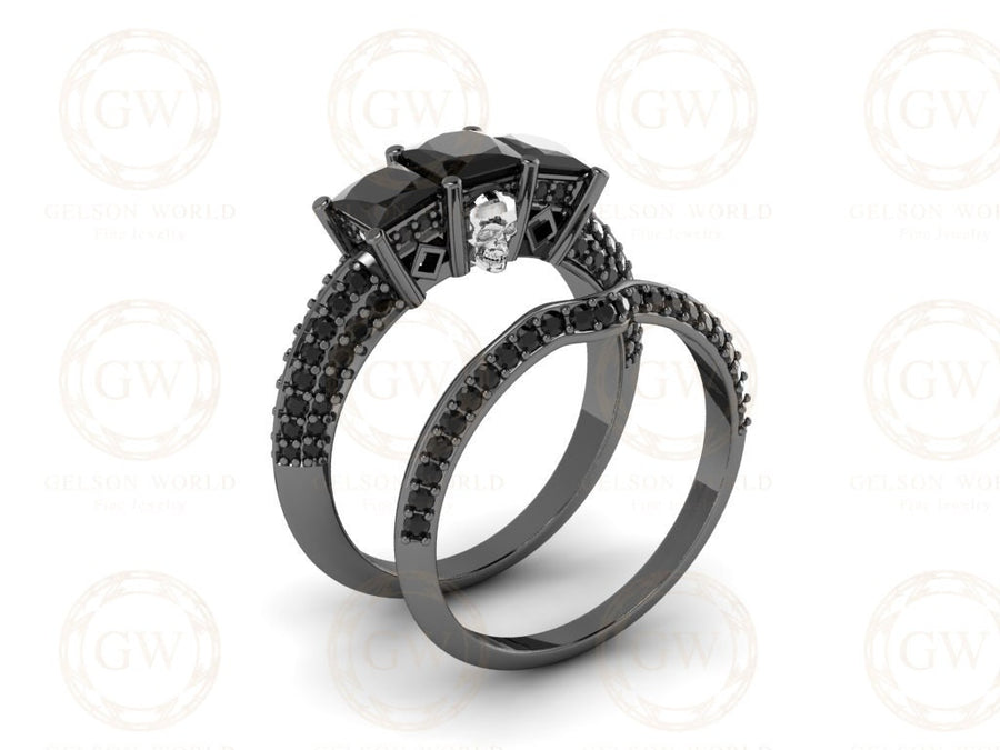 2.20 Ct Gothic Skull Bridal Wedding Ring Set, Unique Skull Princess Diamond Knife Edge 3 Stone Engagement ring set, Stacking Matching Band