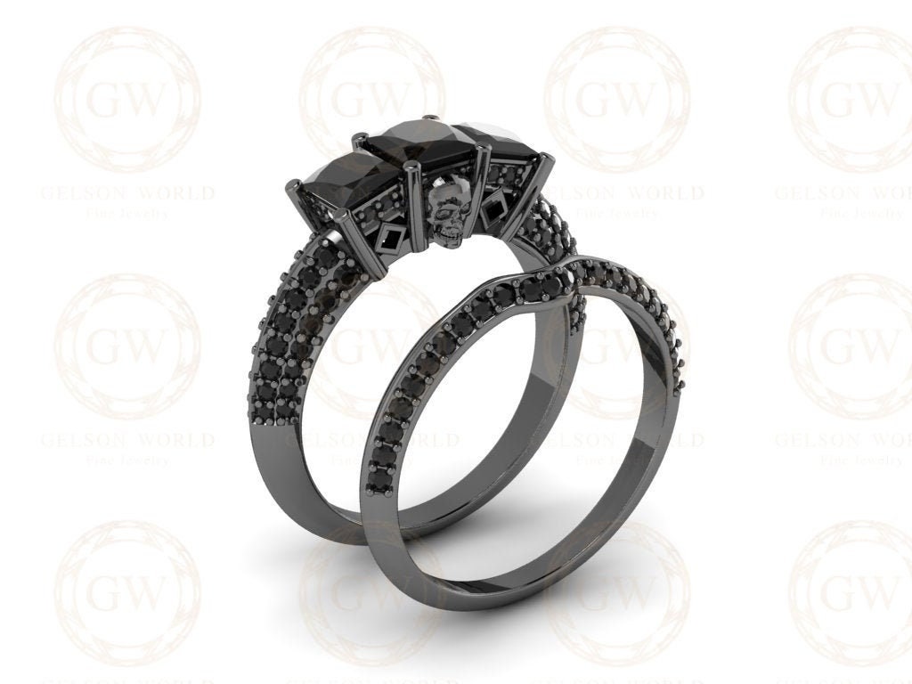 2.20 Ct Gothic Skull Bridal Wedding Ring Set, Unique Skull Princess Diamond Knife Edge 3 Stone Engagement ring set, Stacking Matching Band