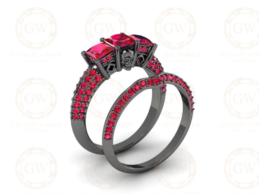 2.20 Ct Gothic Skull Bridal Wedding Ring Set, Unique Skull Princess Diamond Knife Edge 3 Stone Engagement ring set, July Birthstone Ring