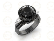 3.60 Ct Gothic Skull Bridal Wedding Ring Set, Large Round Black Diamond, Unique Women Engagement ring set, Stacking Matching Band for Her