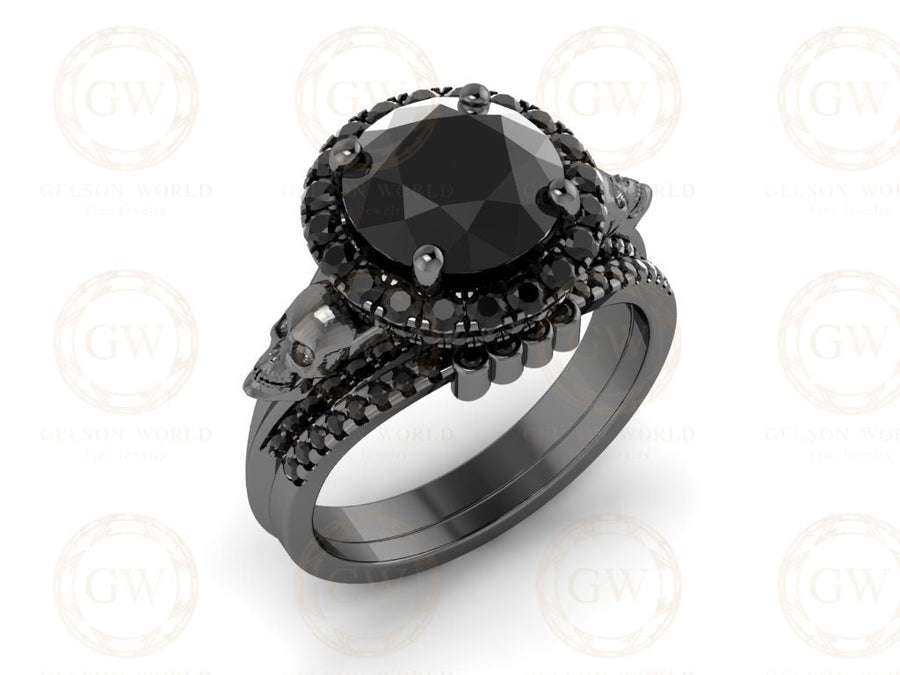 3.60 Ct Gothic Skull Bridal Wedding Ring Set, Large Round Black Diamond, Unique Women Engagement ring set, Stacking Matching Band for Her