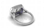 Toi et Moi Art Deco Halo Engagement Ring / CZ Blue Sapphire Baguette Estate Ring