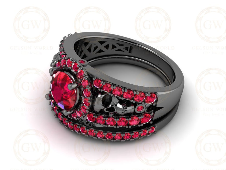 Gothic Skull Wedding Ring Sets, Two Skull Split Shank Halo Engagement Ring, Ruby CZ, Black Rhodium Plated, Matching Band, Gift For Her