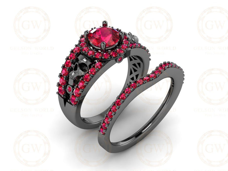 Gothic Skull Wedding Ring Sets, Two Skull Split Shank Halo Engagement Ring, Ruby CZ, Black Rhodium Plated, Matching Band, Gift For Her