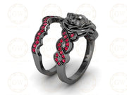 Gothic Skull Bridal CZ Wedding Ring Sets, Rose Floral Gemstone Engagement Ring, Sterling Silver, Criss Cross Nature Inspired Design