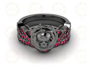 Gothic Skull Bridal CZ Wedding Ring Sets, Rose Floral Gemstone Engagement Ring, Sterling Silver, Criss Cross Nature Inspired Design
