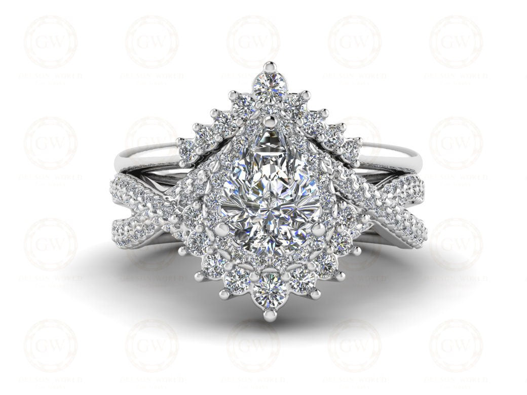 1.65 Ct Pear Halo Engagement Wedding Ring Set, 935 Argentium Silver Ring, starburst Bridal Wedding Ring Sets, Matching Band, Gift For Her