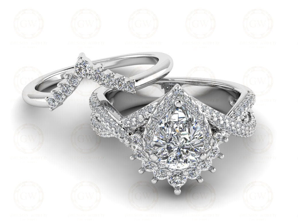 1.65 Ct Pear Halo Engagement Wedding Ring Set, 935 Argentium Silver Ring, starburst Bridal Wedding Ring Sets, Matching Band, Gift For Her
