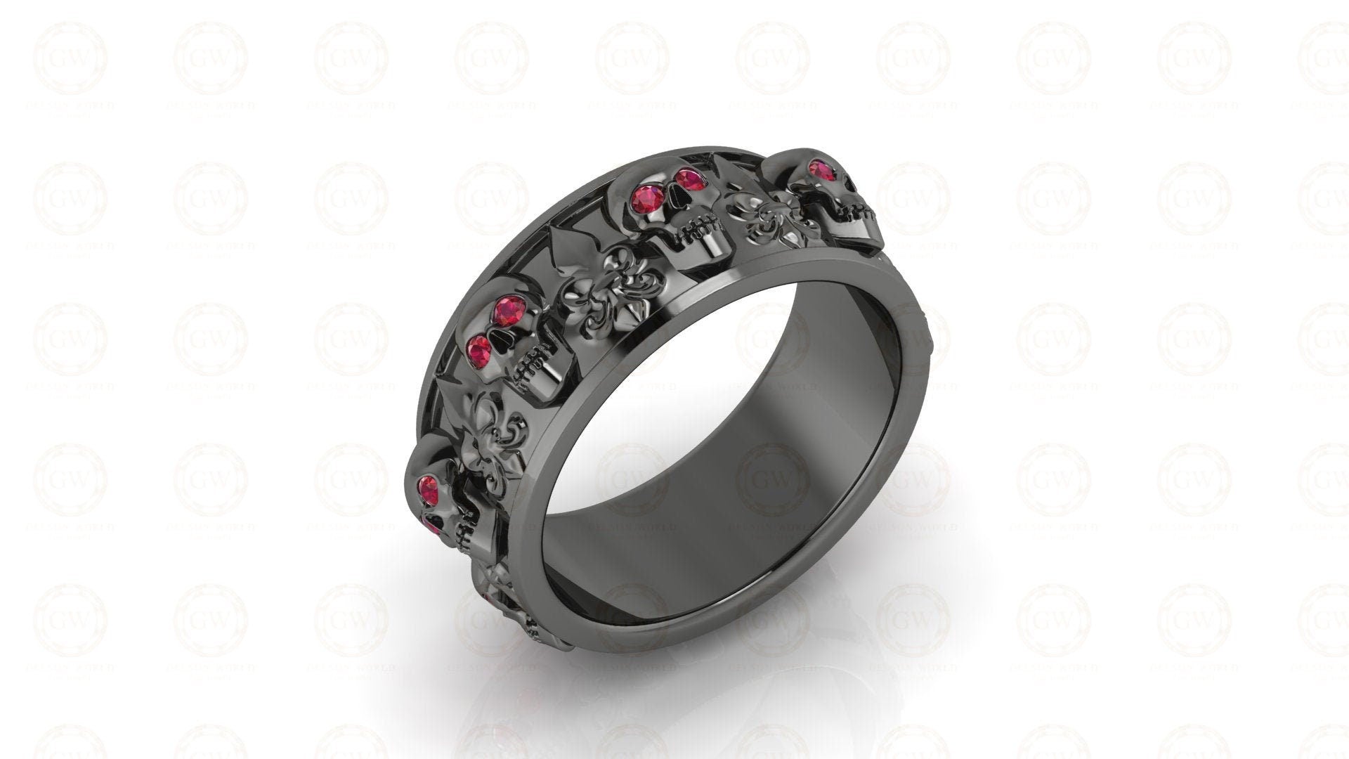 8 mm Wide Unique Gothic Skull Wedding Band, heraldic lily, Birthstone Ring, July Ruby gemstone ring, Promise Ring, Silver Eternity Band