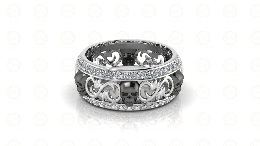 8 mm Wide Floral Unique Gothic Skull Wedding Band, Moissanite Diamond Silver Ring, 2 Row Anniversary Ring, Nature Inspired Eternity Band