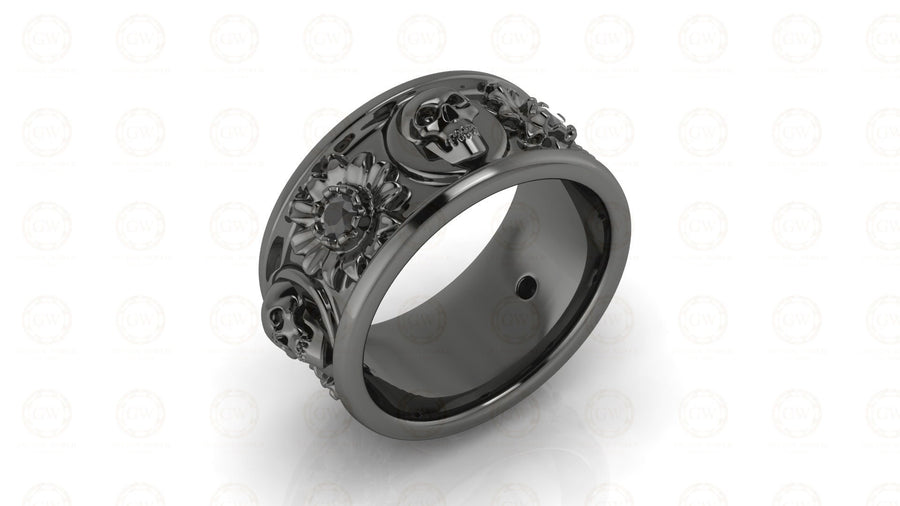 10 mm Wide Nature Inspired Unique Gothic Skull Wedding Band, Simulated Diamond, Sterling silver, Anniversary Ring, Floral Eternity Band